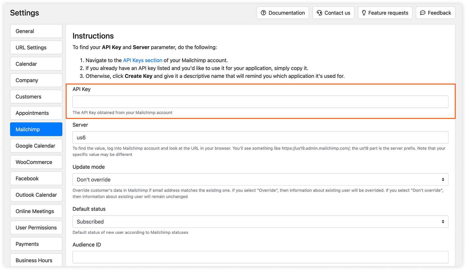 Bookly settings > Mailchimp