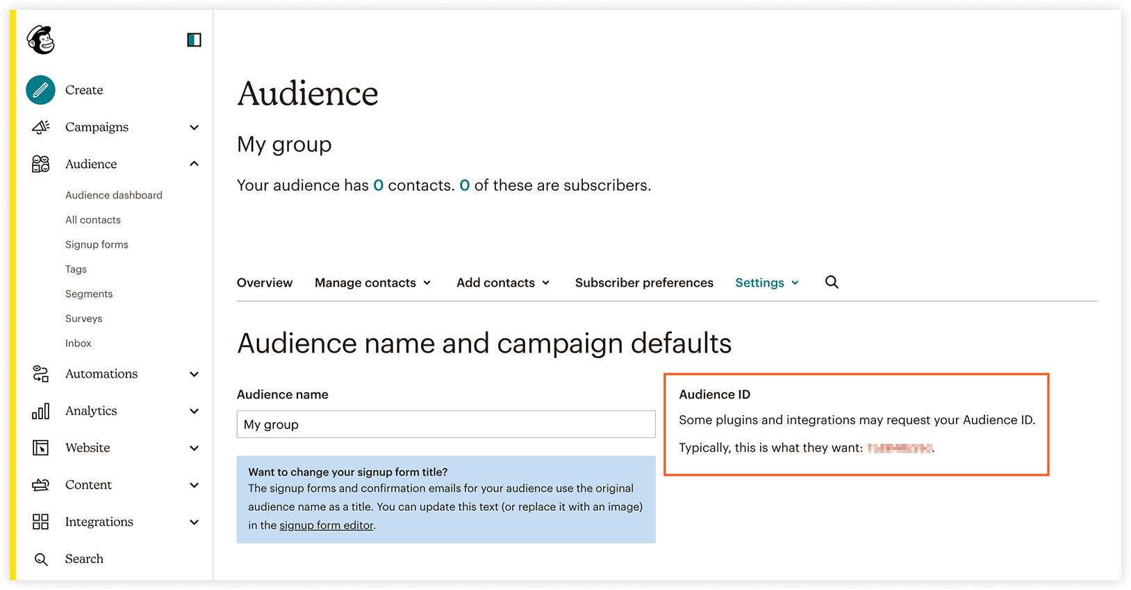 Mailchimp account settings