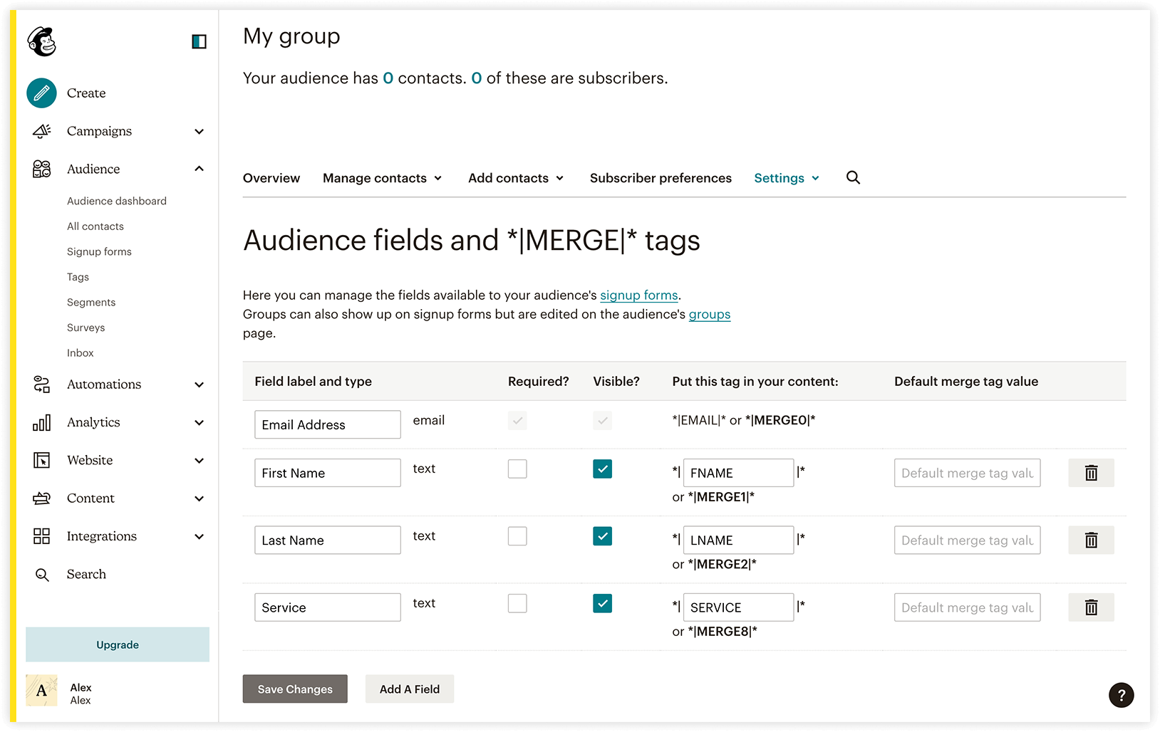 Mailchimp account settings