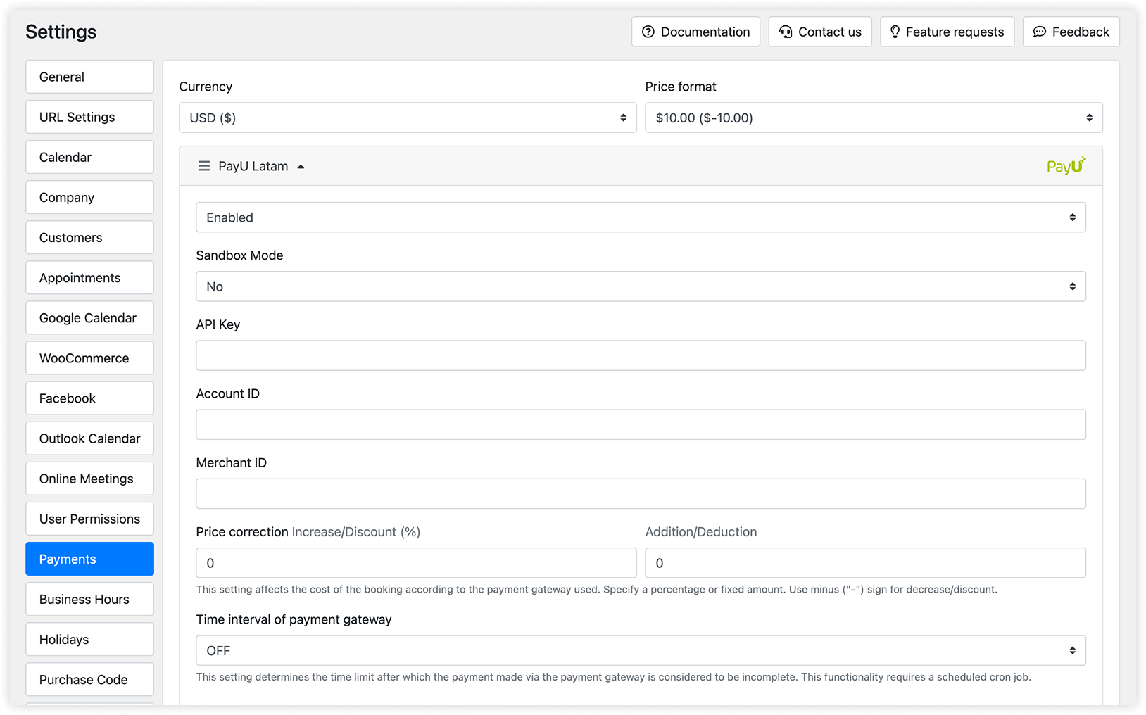 Payments section in Bookly