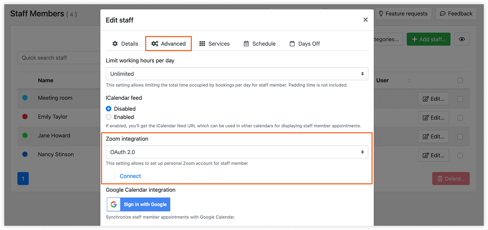 Staff members section in Bookly – Advanced tab