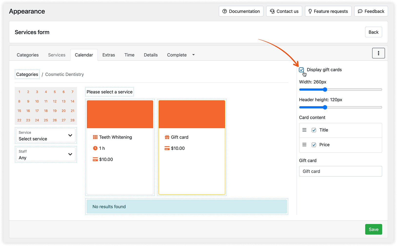 Appearance section in Bookly – Display gift cards