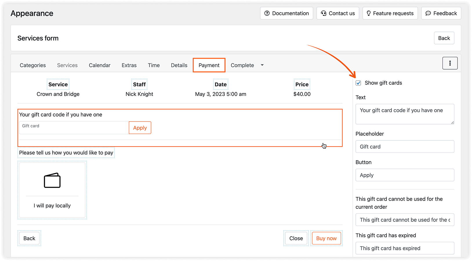 Appearance section in Bookly – Show gift cards