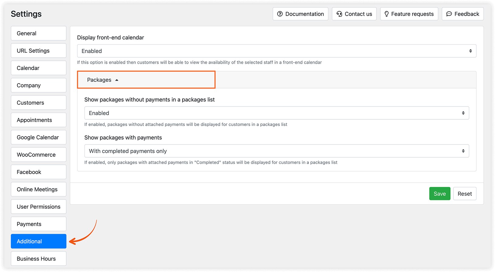 Packages list settings in Bookly