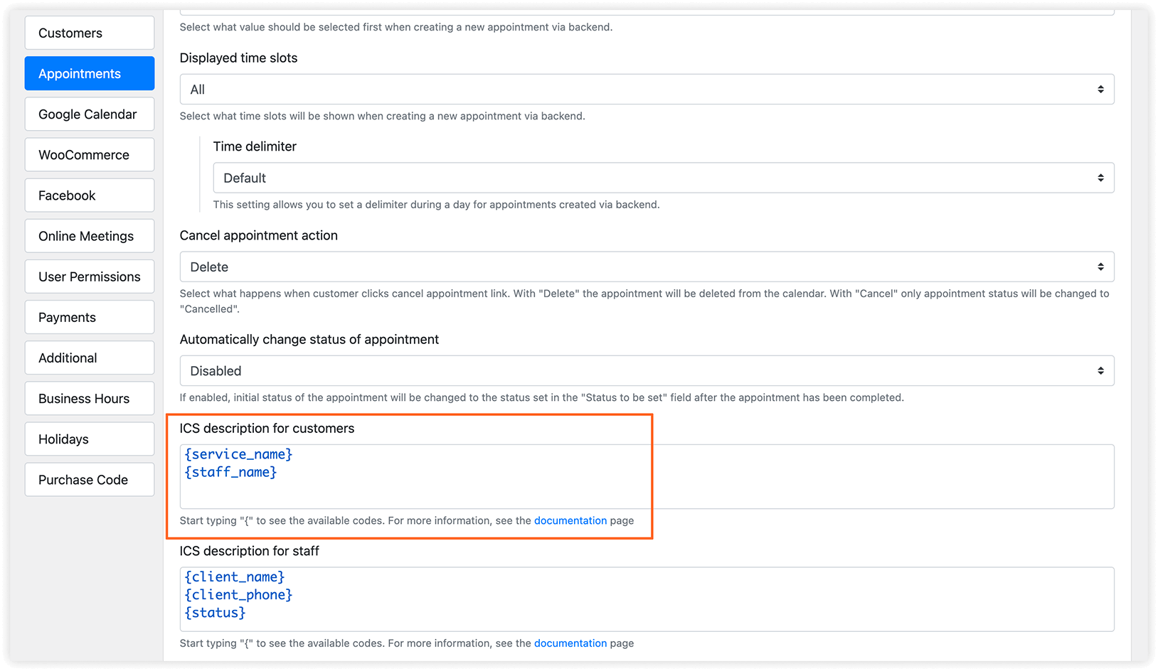 Settings section in Bookly