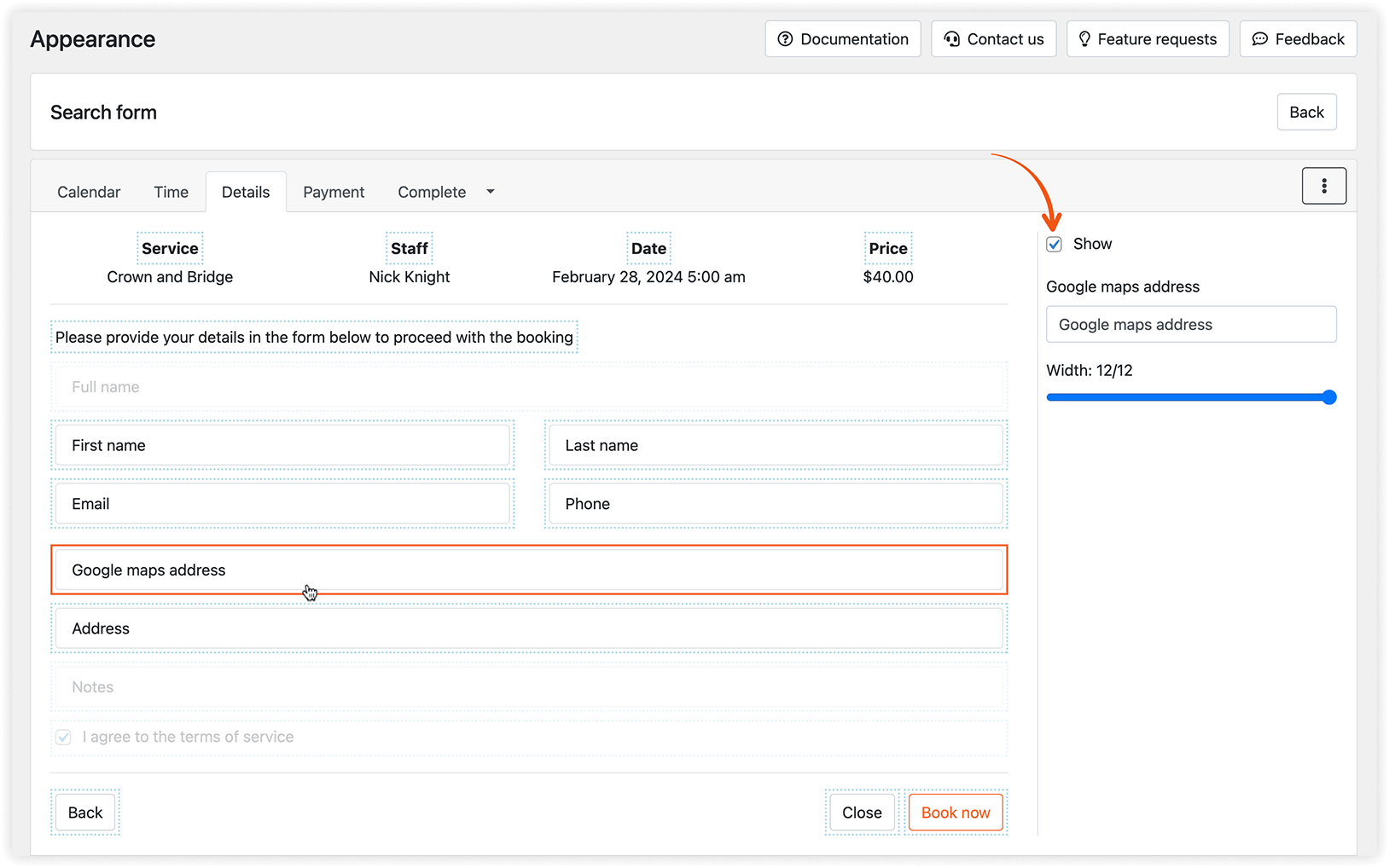 Appearance section in Bookly – Search form
