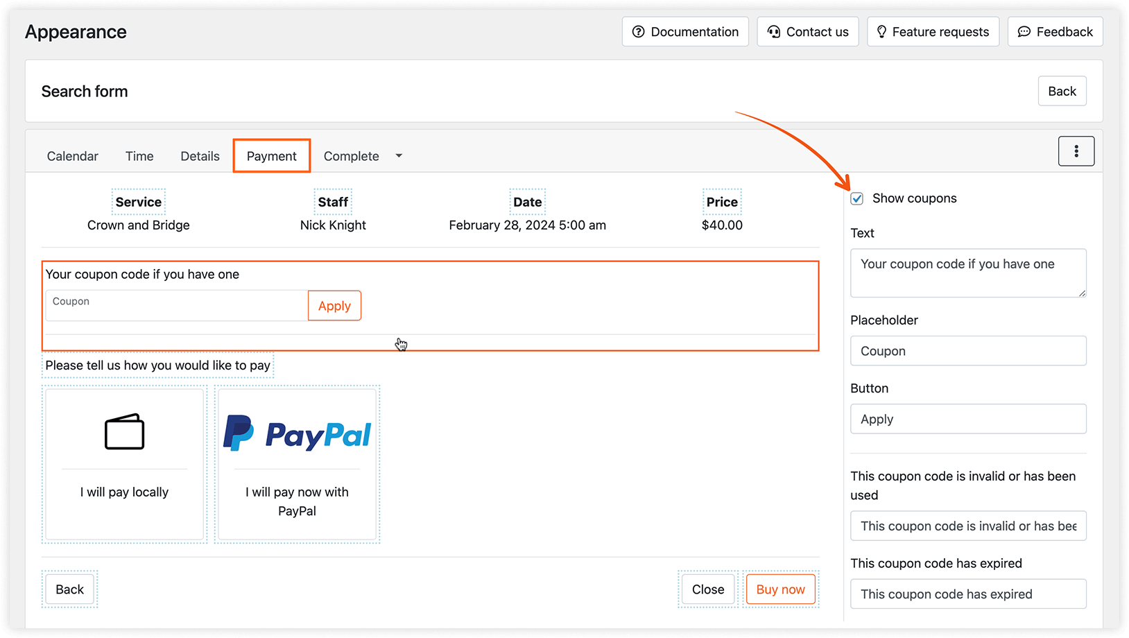 Appearance section in Bookly – Search form