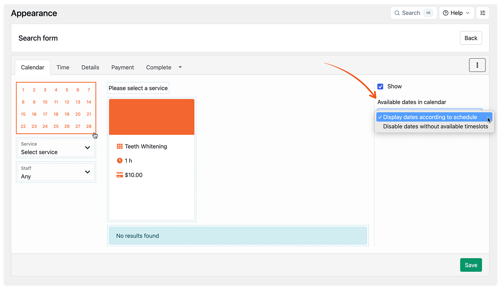 Appearance section in Bookly – Search form