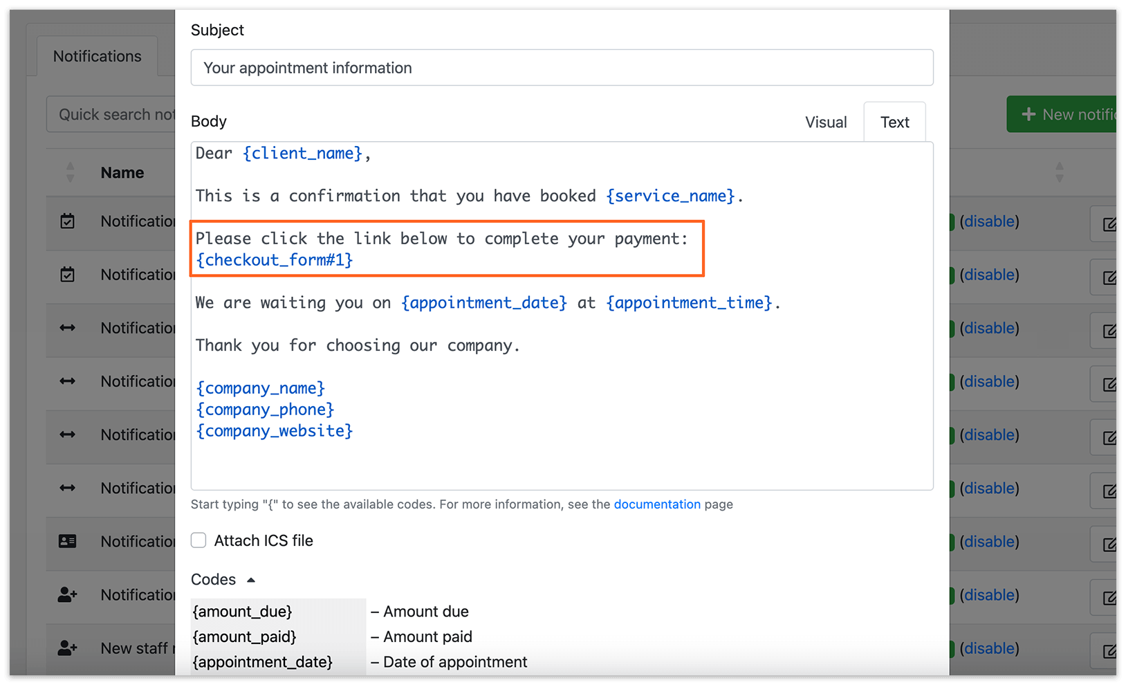 Edit email notification in Bookly