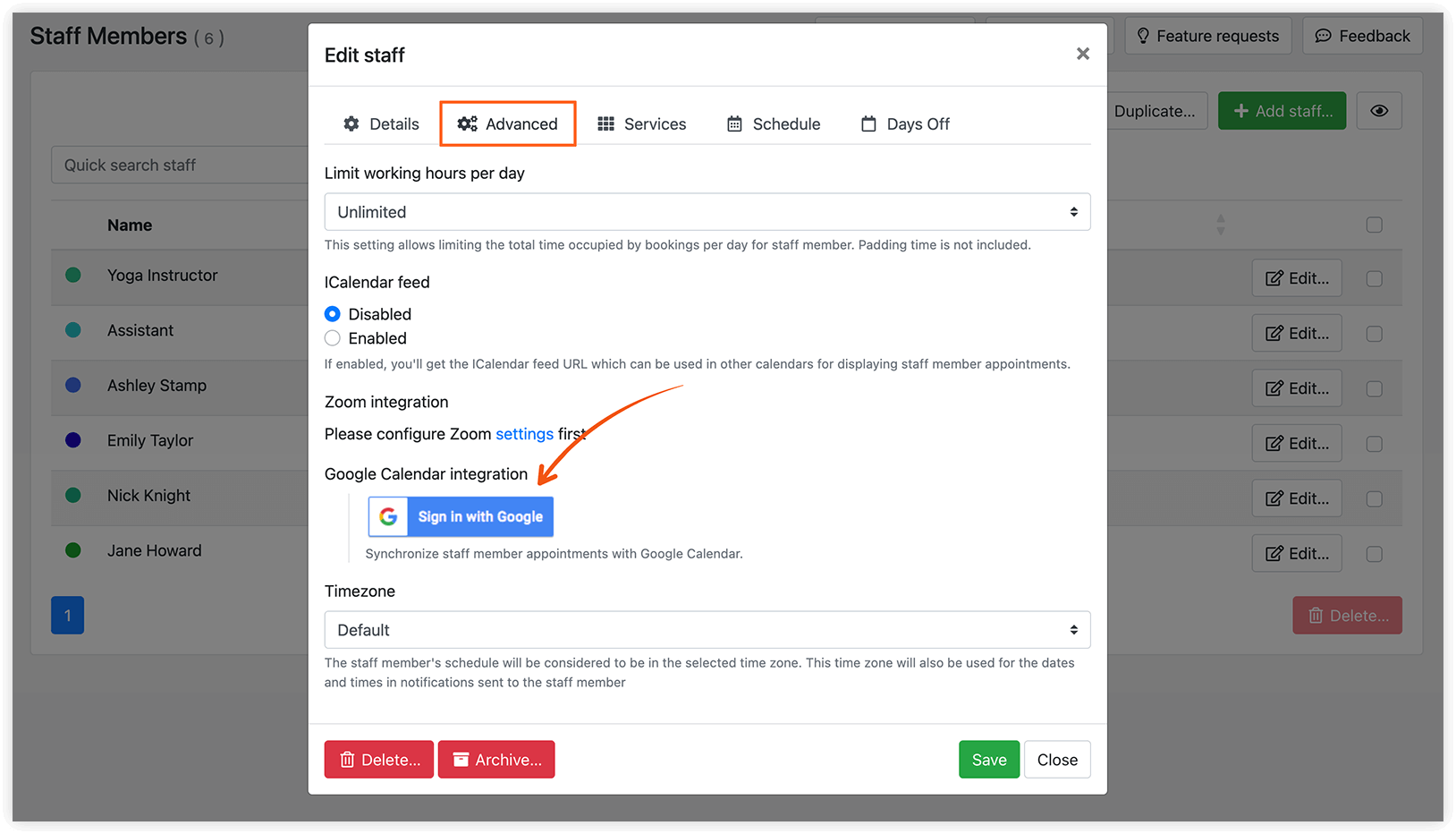 Staff settings in Bookly