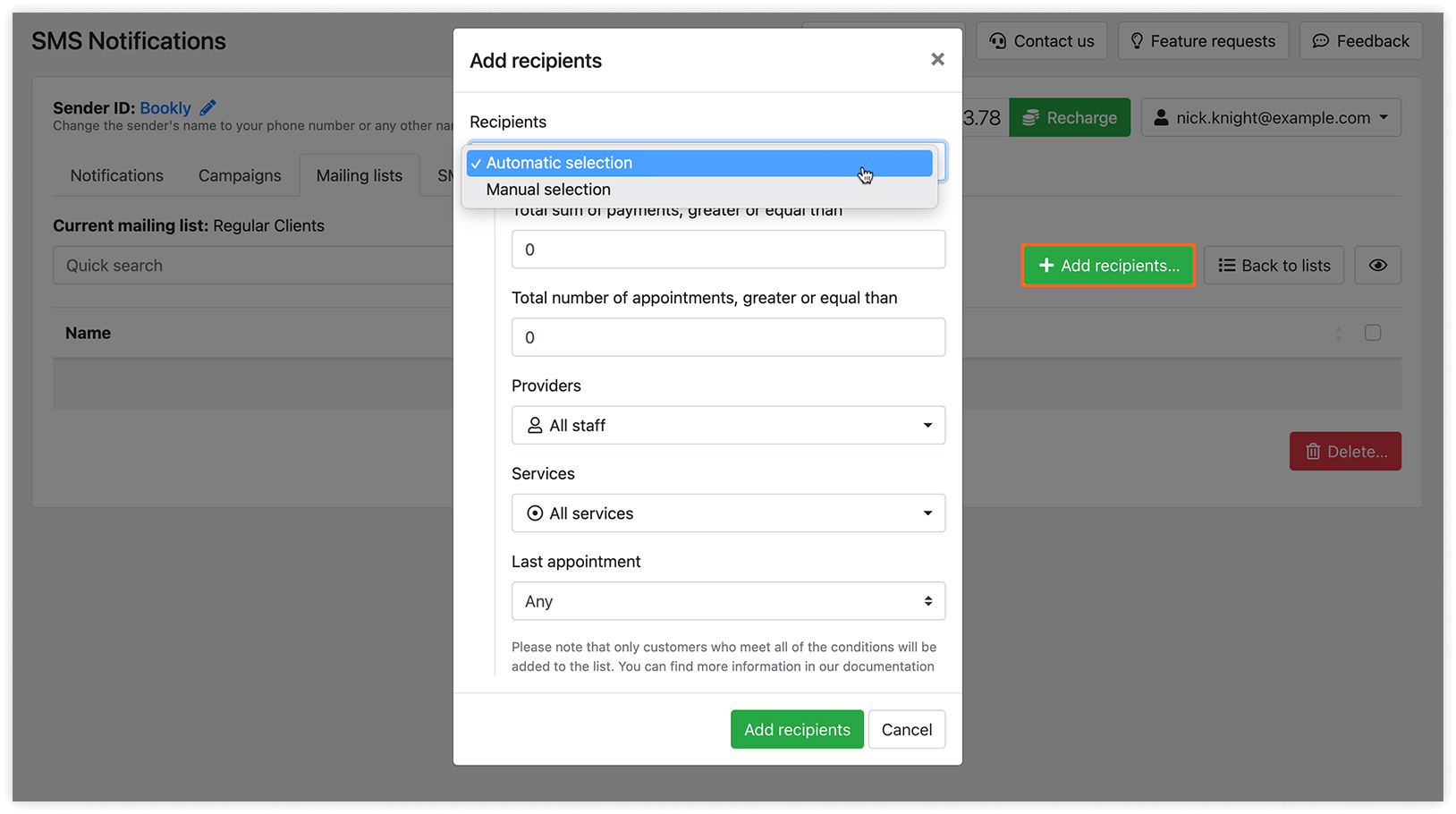 SMS Notifications section in Bookly