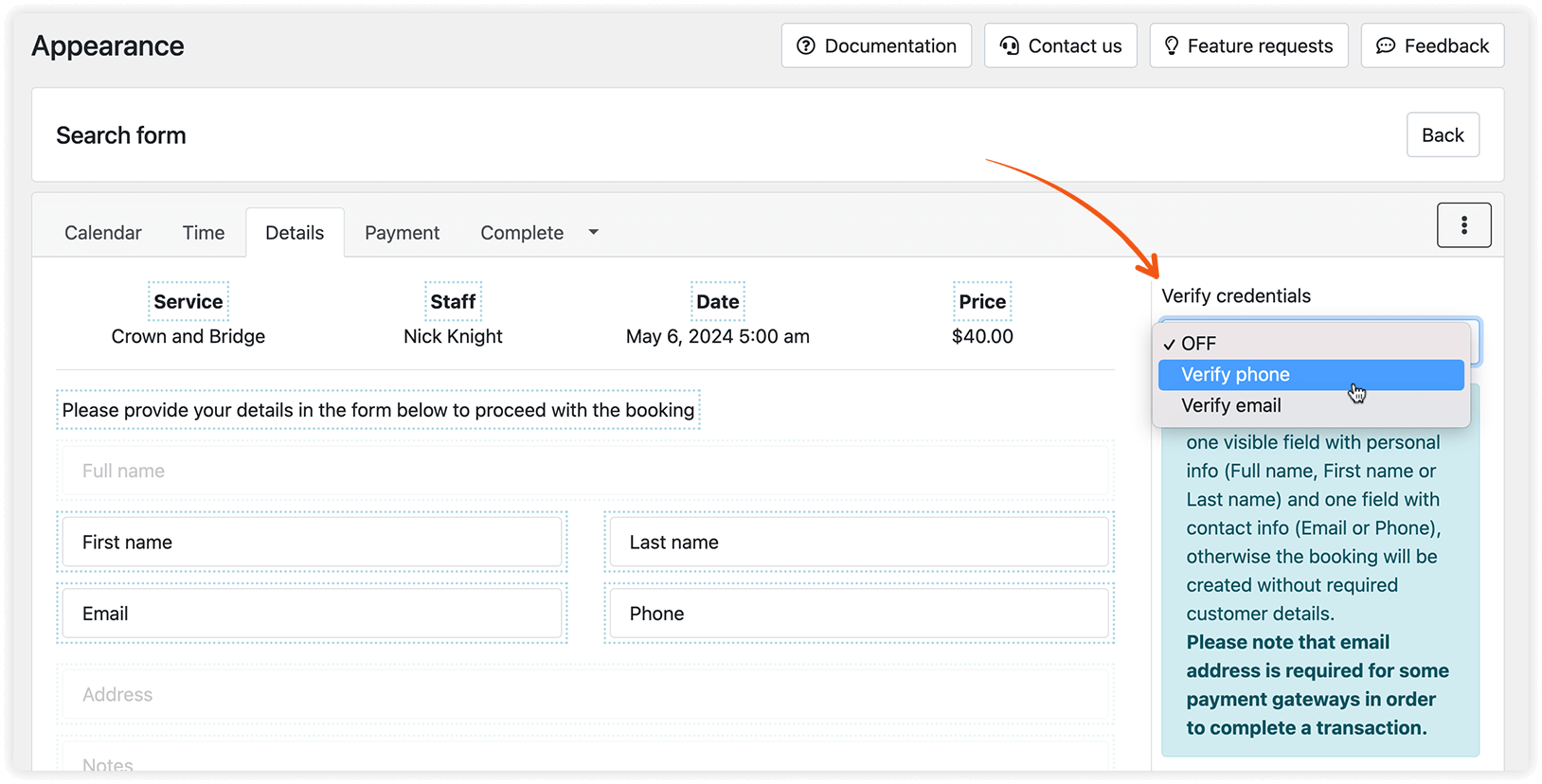 Bookly Search form appearance – Verify credentials