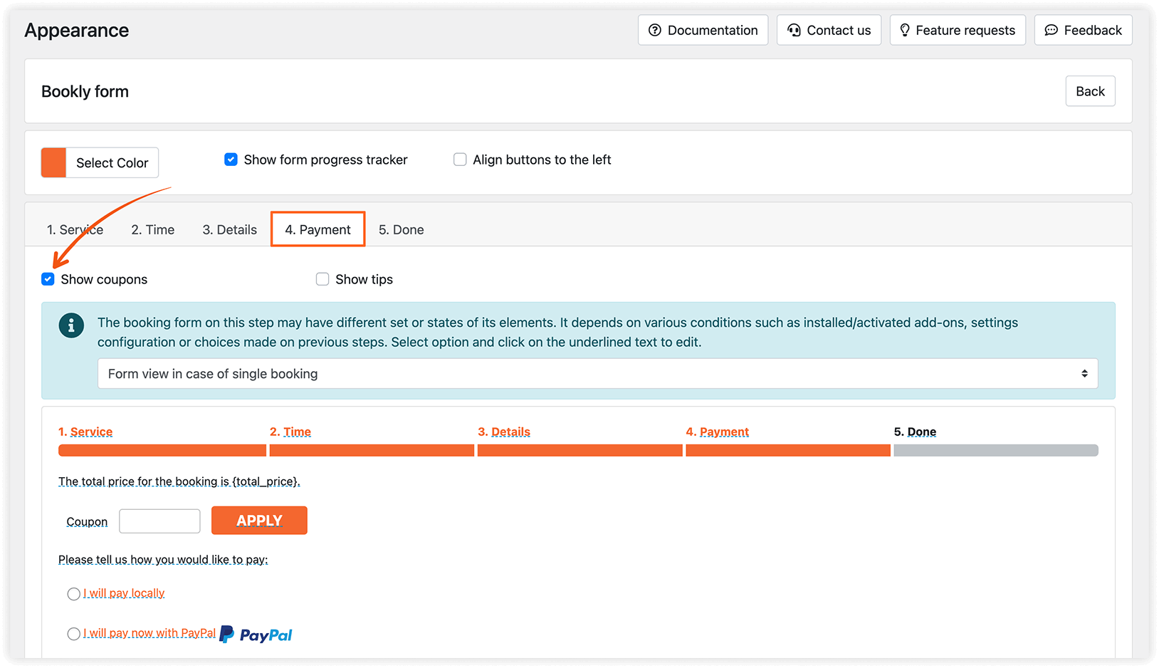Appearance section in Bookly – Step by step booking form