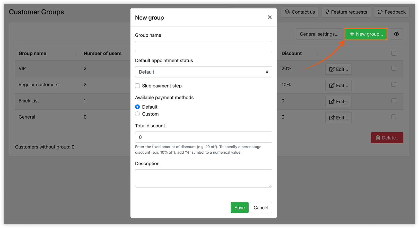 Customer Groups section in Bookly