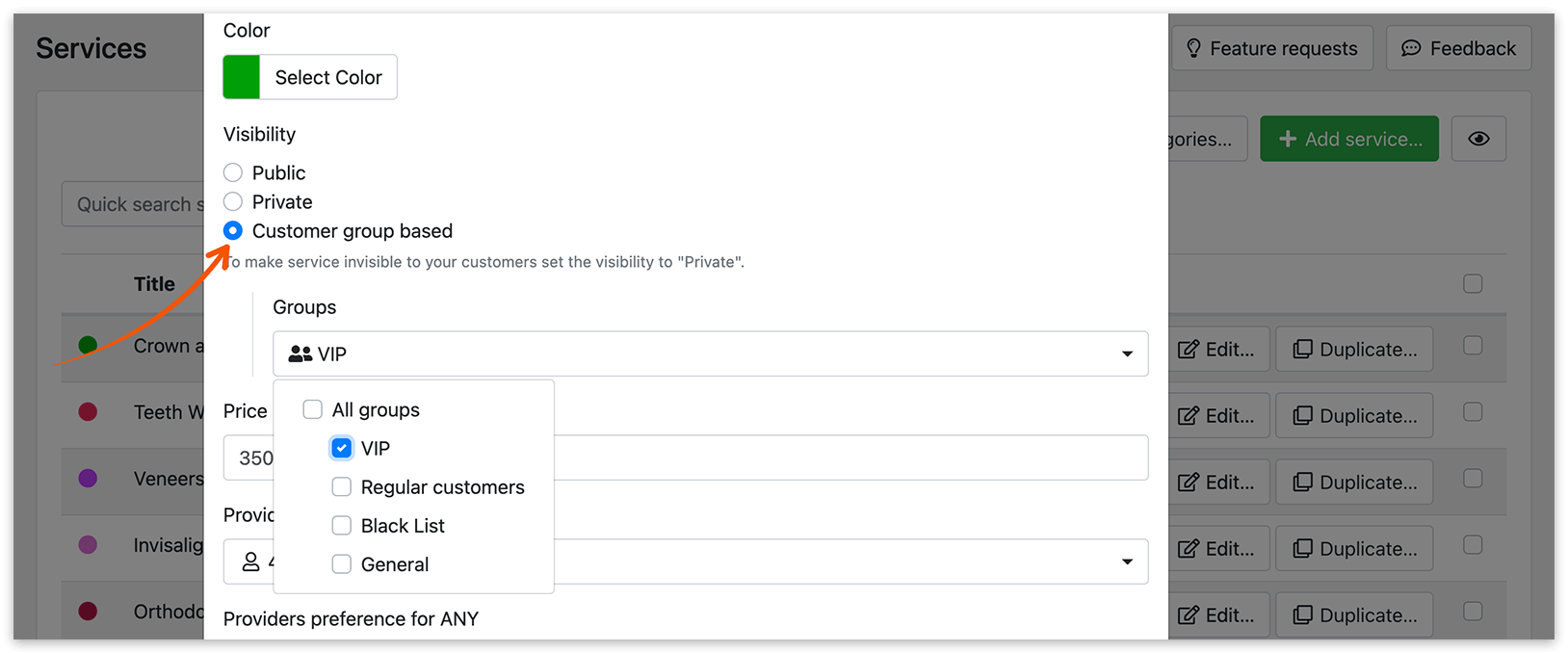 Services section in Bookly