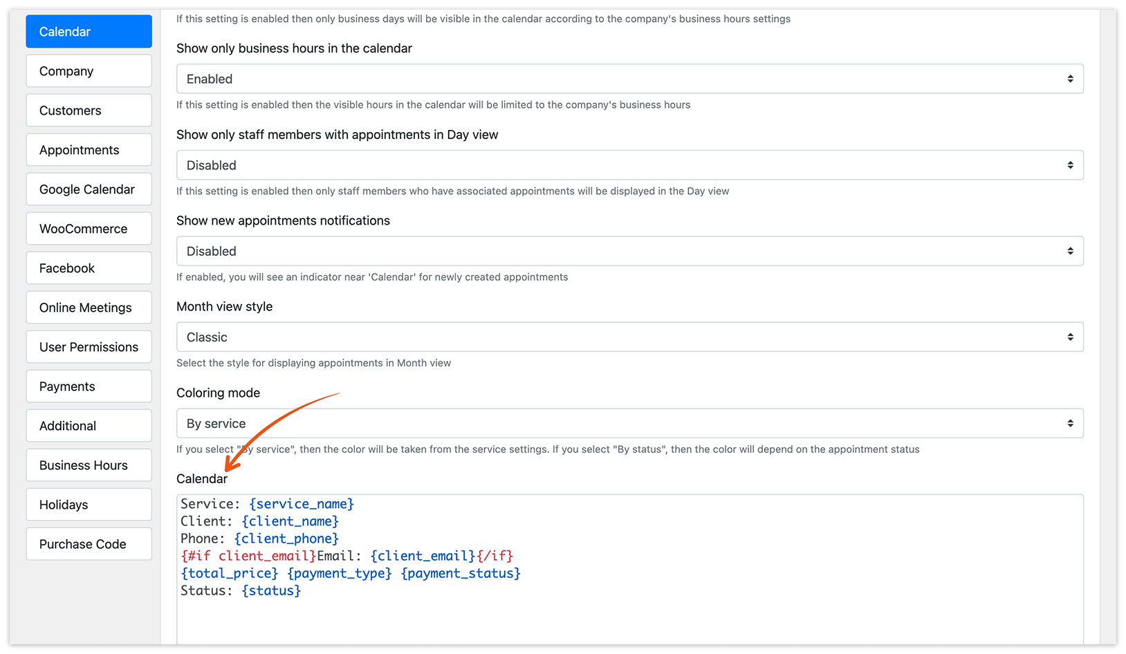 Bookly Settings – Calendar record template