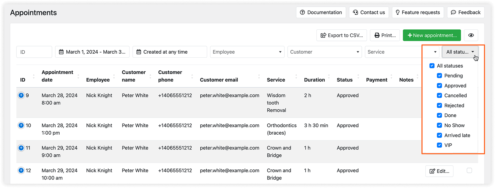 Appointments section in Bookly