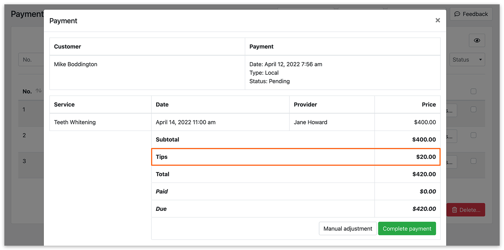Payment details in Bookly