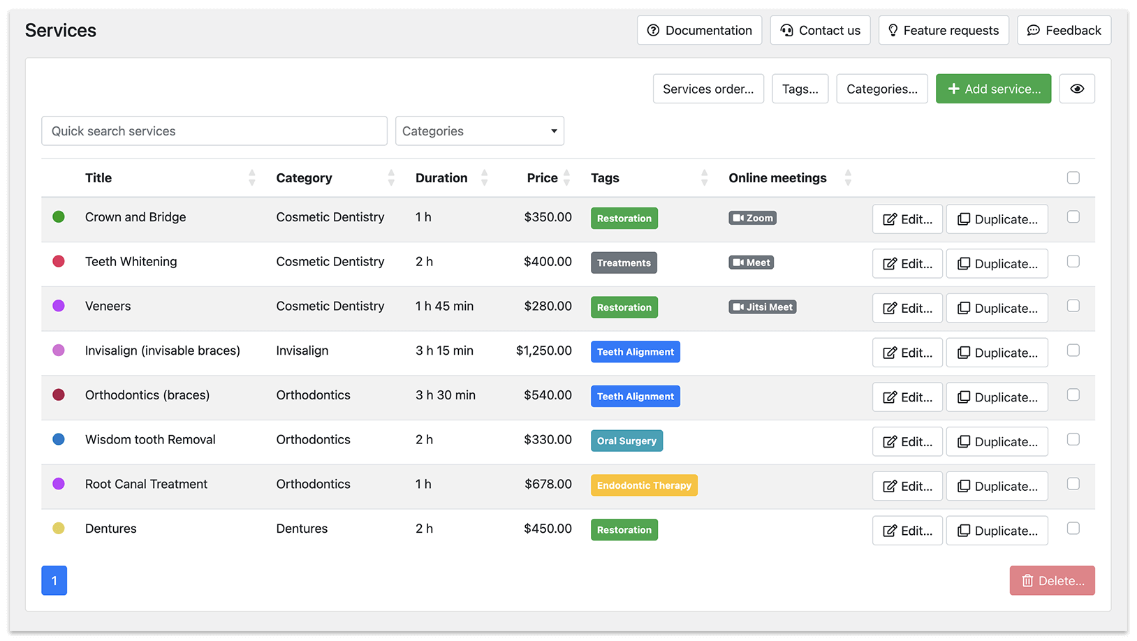Services section in Bookly