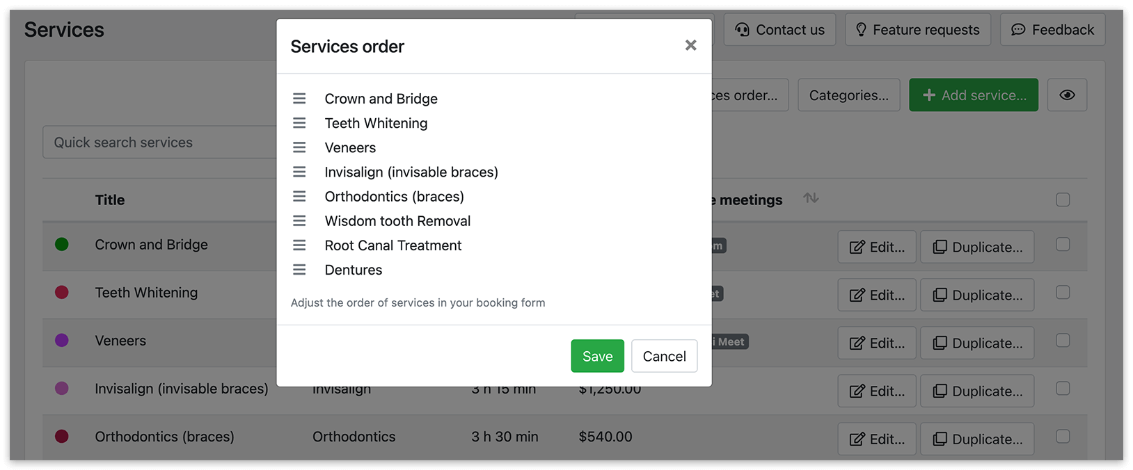 The order of services in Bookly