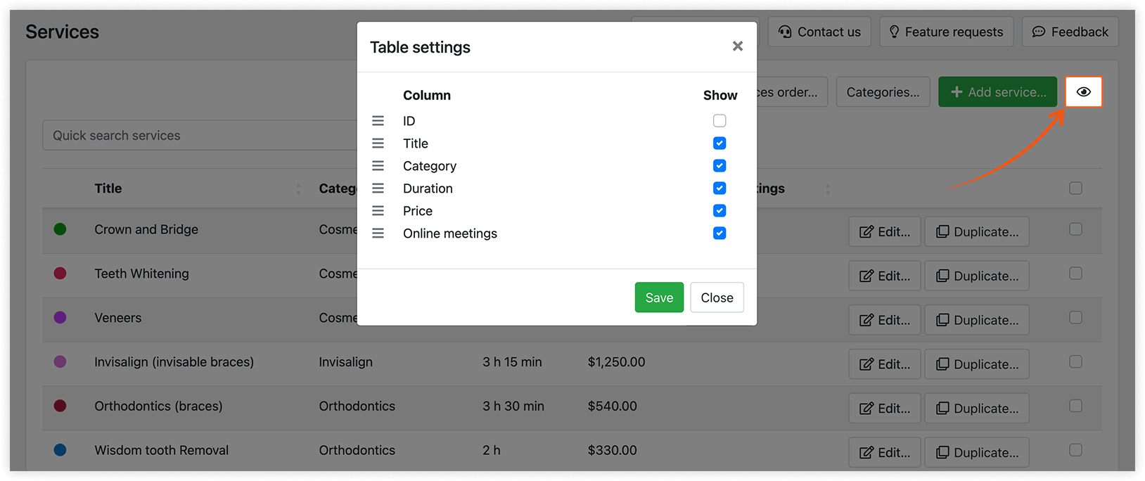 Services section – Table settings