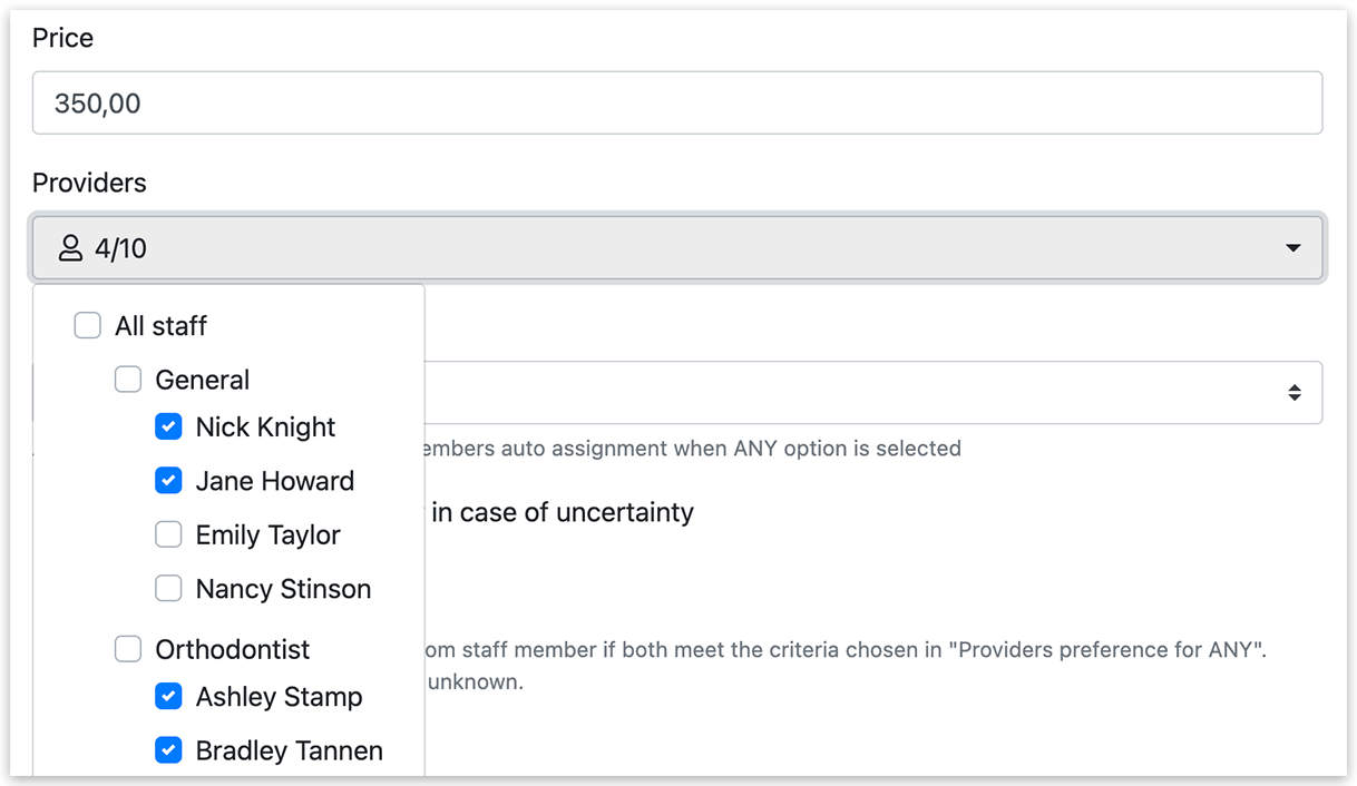 Service settings – assign providers