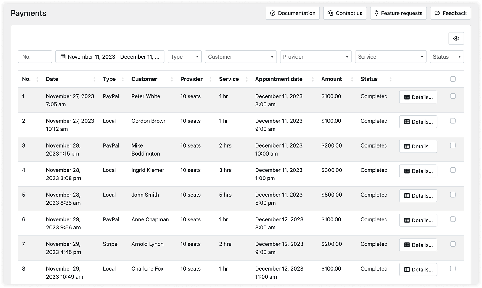 Payments section in Booly PRO