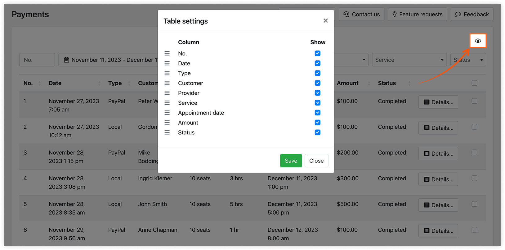 Table settings in the Payments section