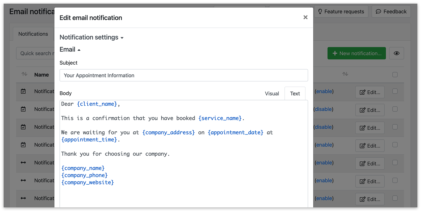 Email notification template in Bookly