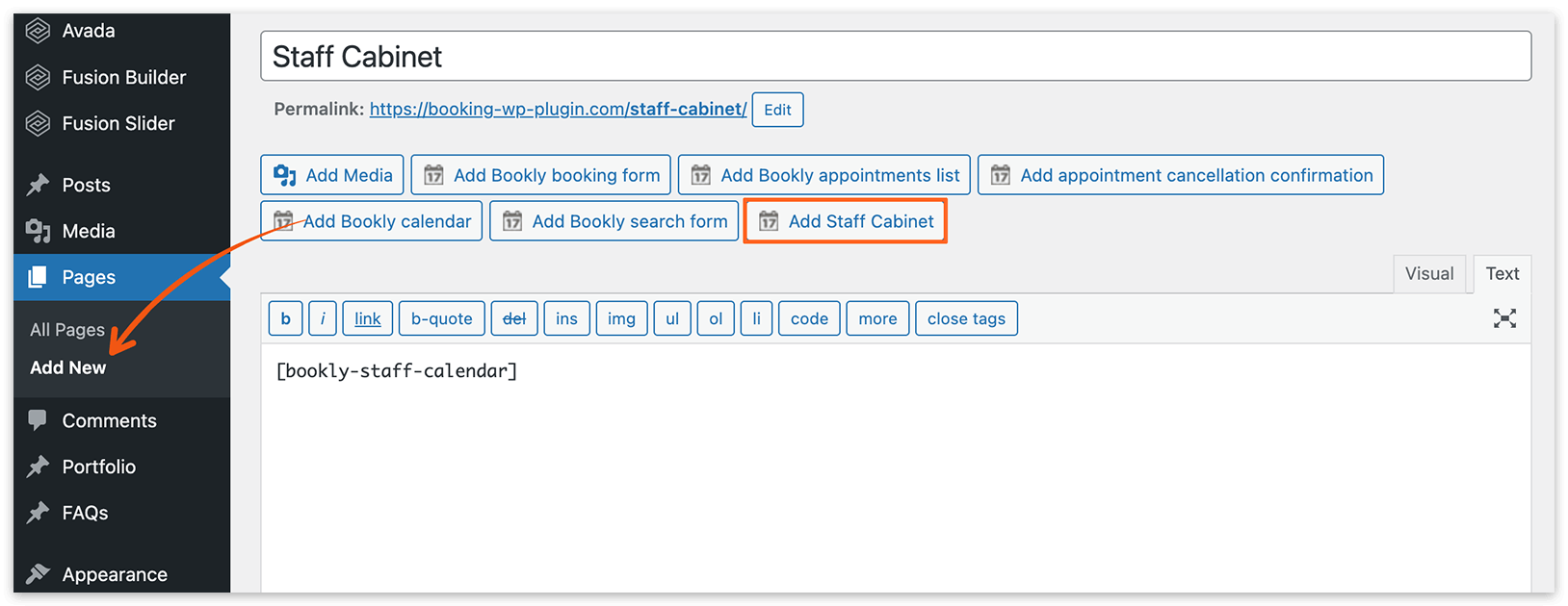 Bookly Staff Cabinet in classic WP page editor