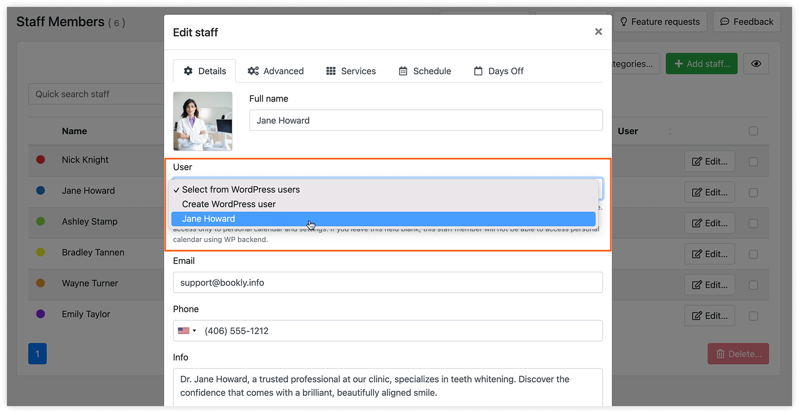 Staff members section in Bookly