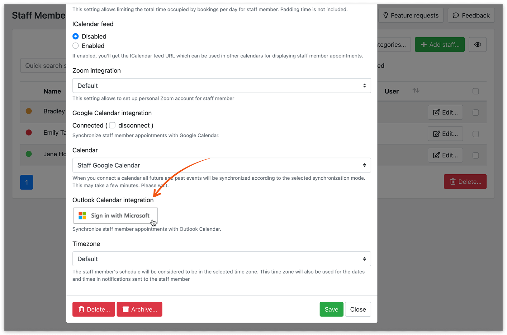 Staff Members section in Bookly