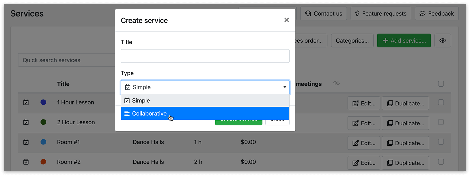 Choose the type of service in the Services section