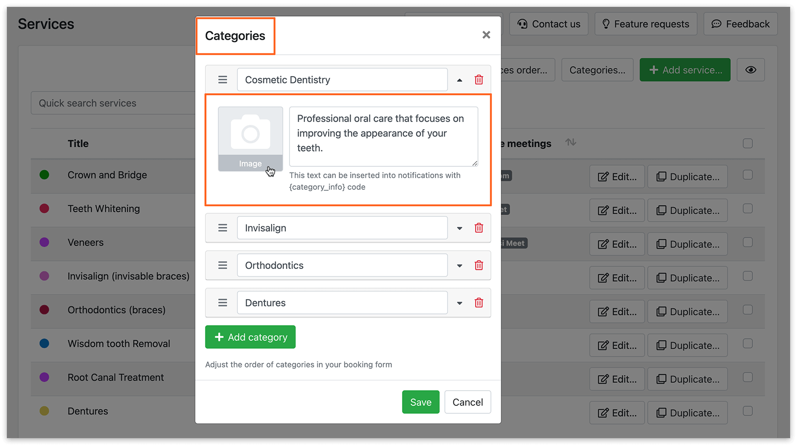 Categories of services in Bookly