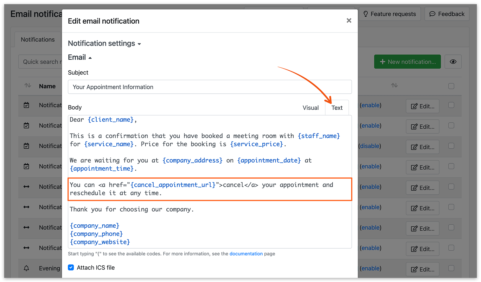 Email notifications section in Bookly