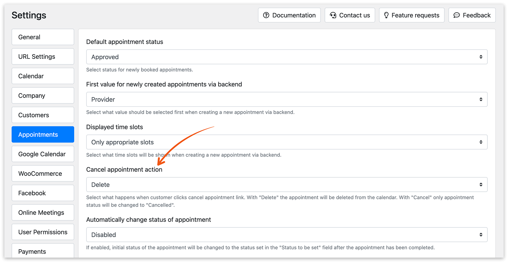 Cancel appointment action in Bookly PRO