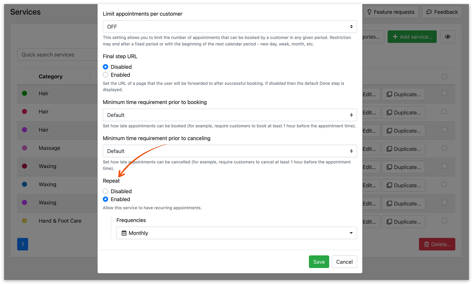 Services section in Bookly – Repeat interval