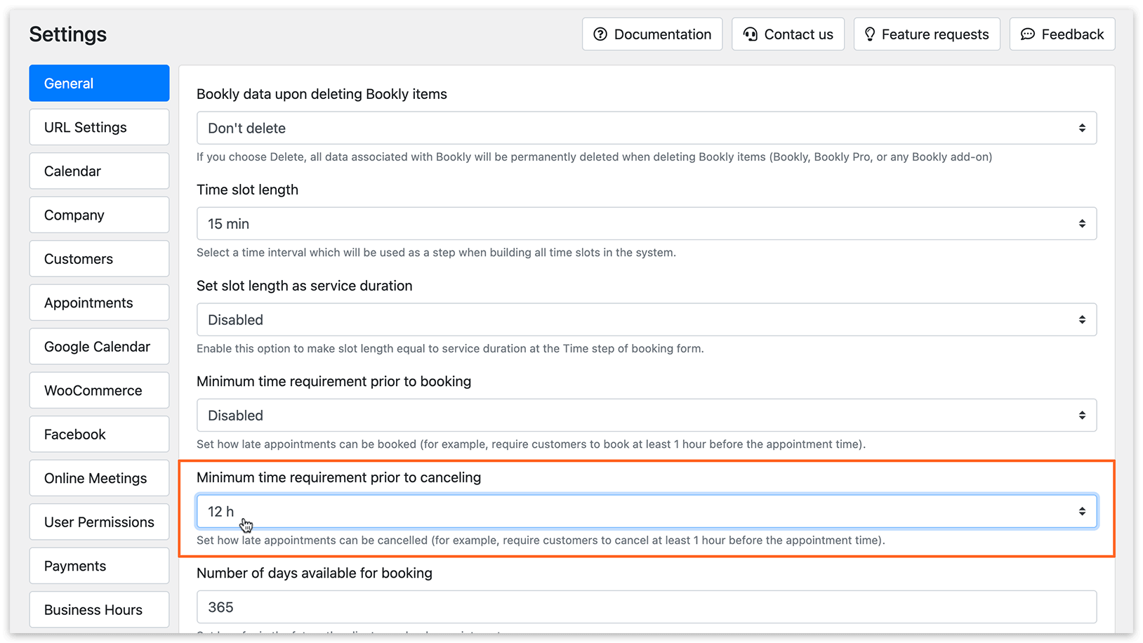Settings in Bookly PRO – Minimum time requirement prior to canceling