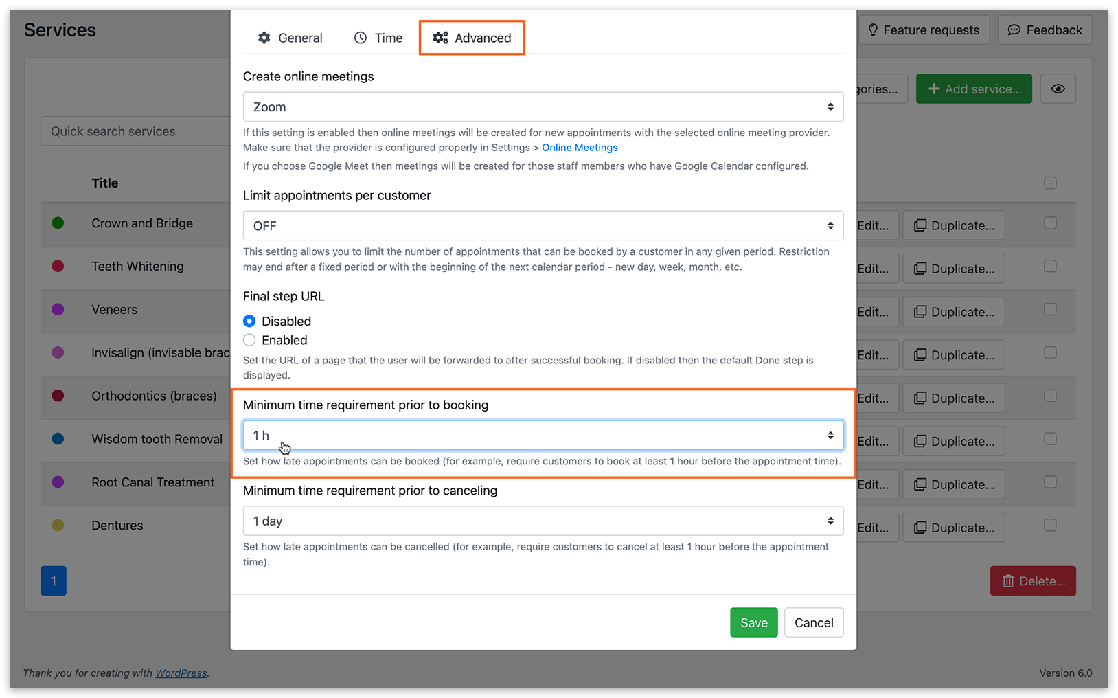 Service setting in Bookly Pro – Advanced tab