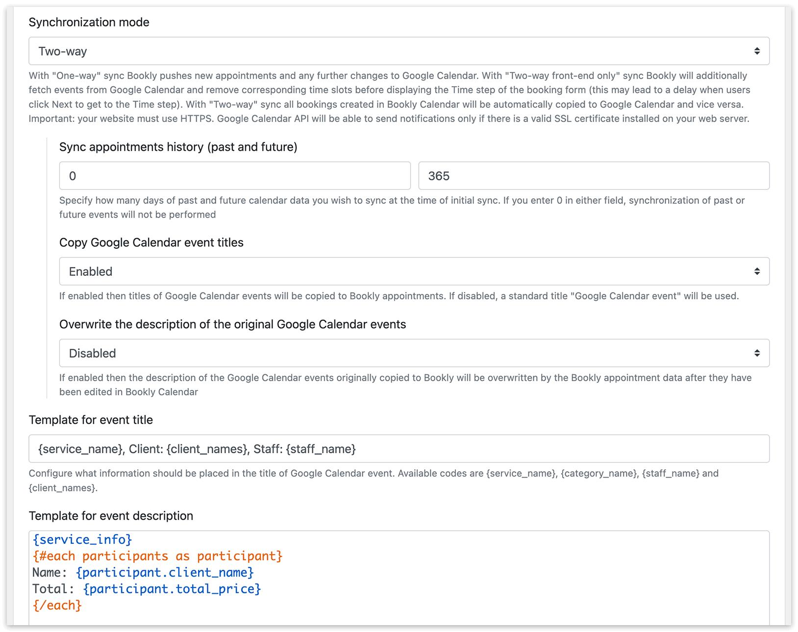 Bookly Settings – Google Calendar sync
