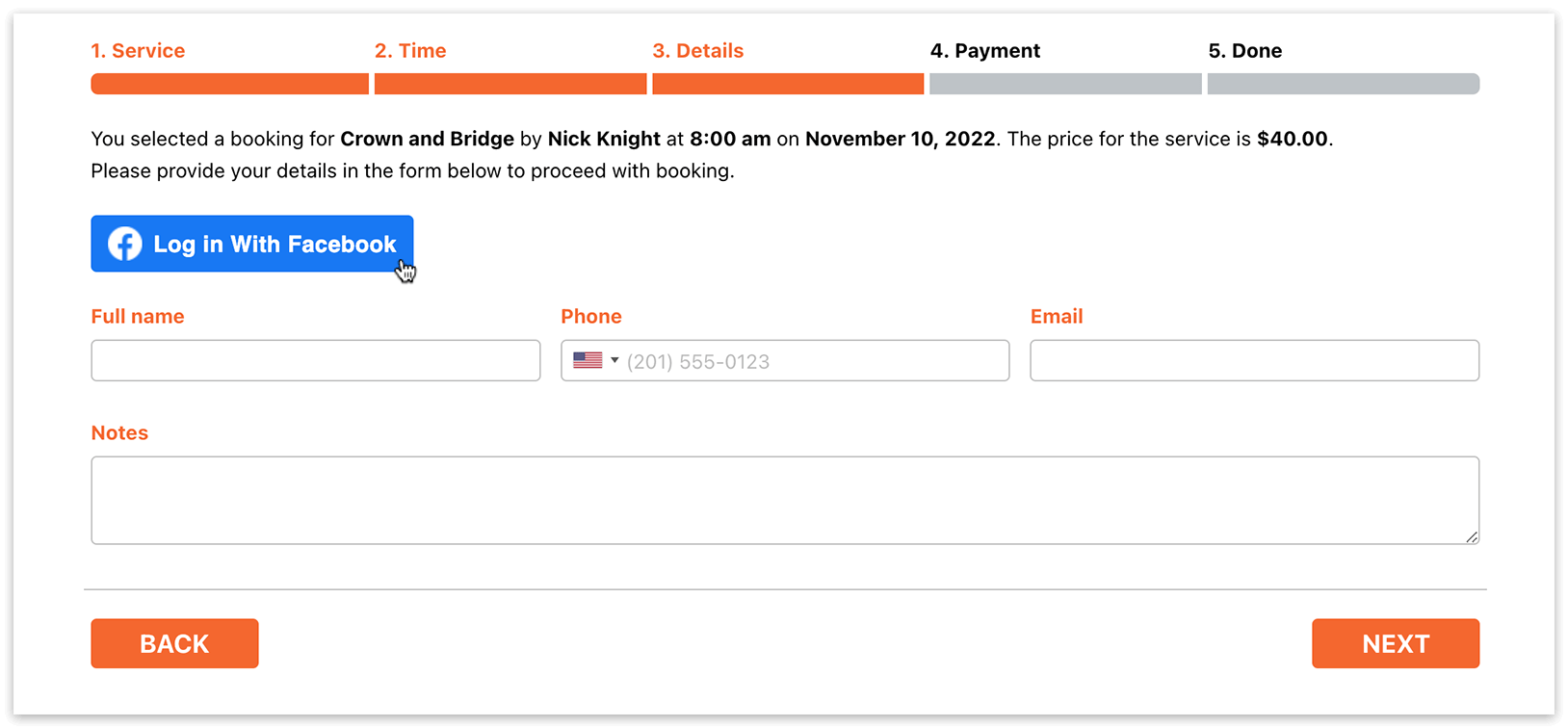 Bookly booking form – Details step
