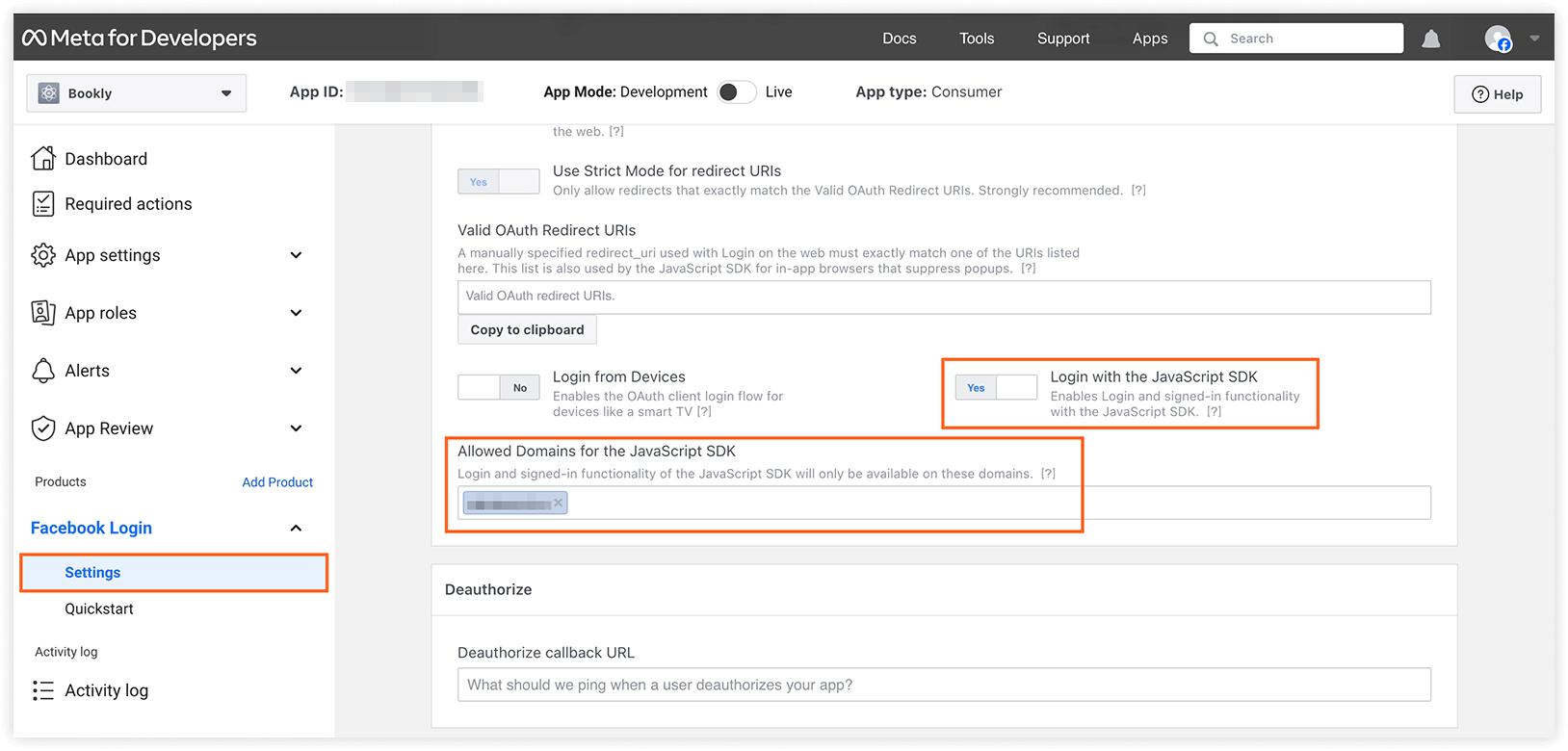 Facebook app settings