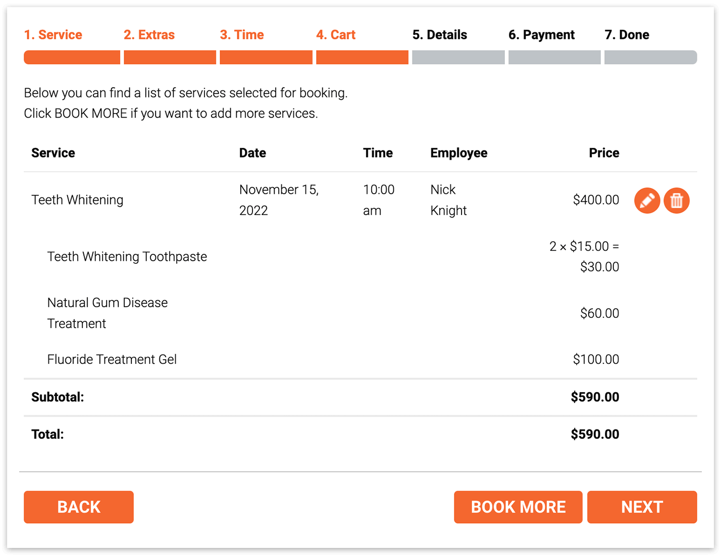 Bookly booking form – extras details on the Cart step