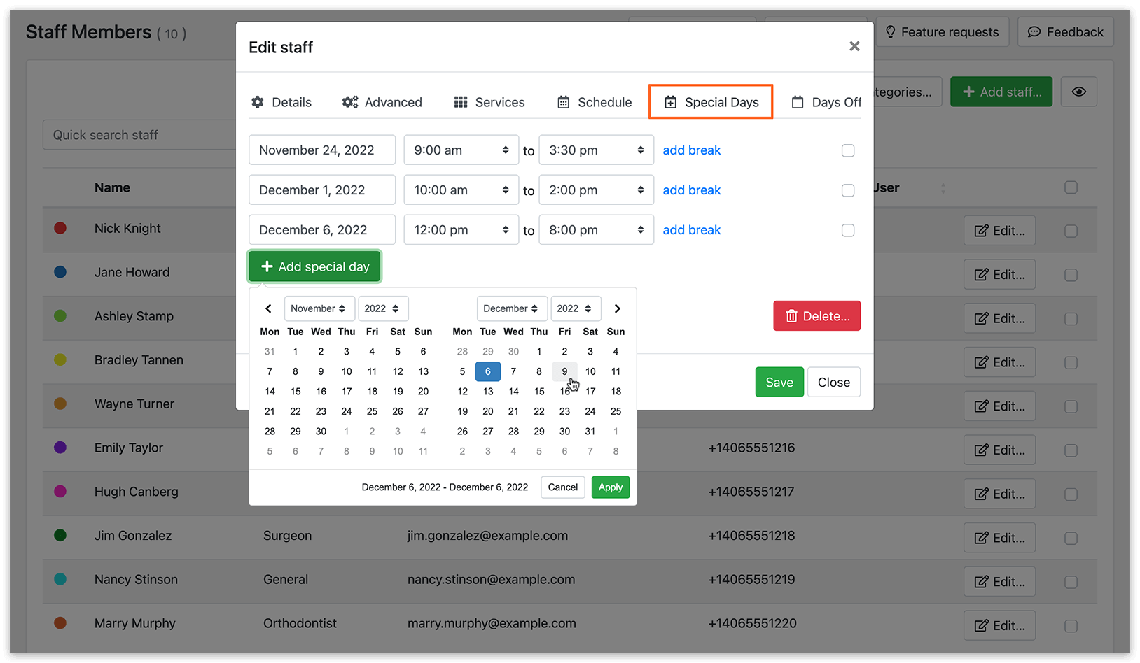 Special Days tab on the staff profile card in Bookly