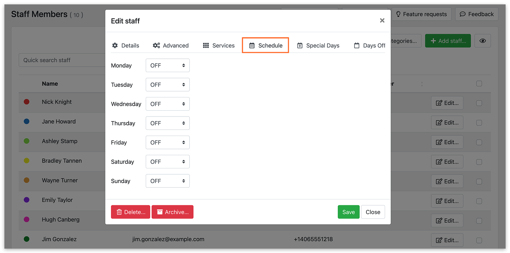 Schedule tab on the staff profile card in Bookly