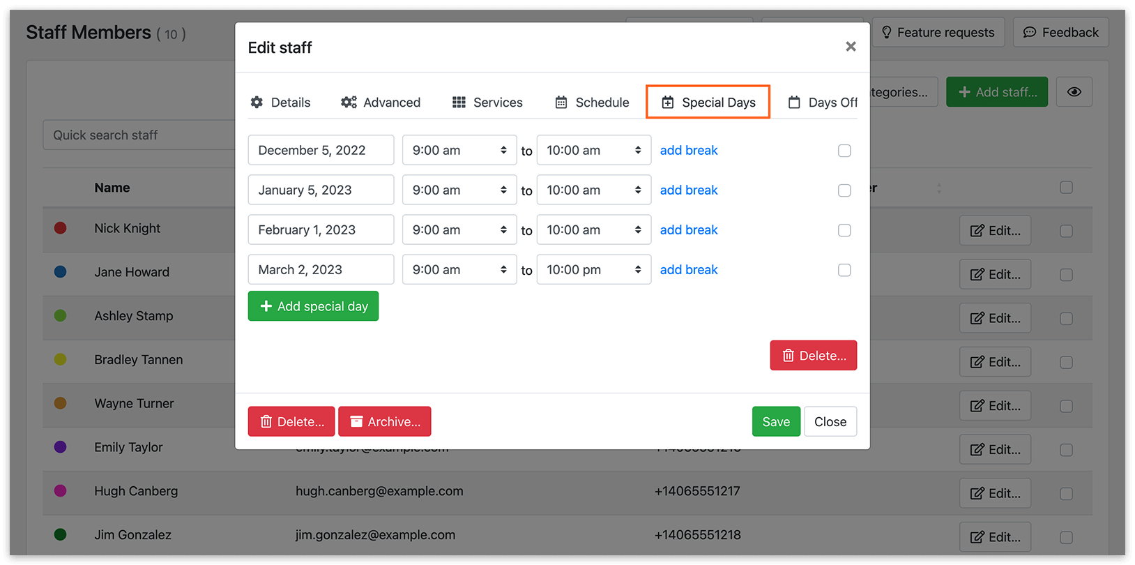 Special Days tab on the staff profile card in Bookly