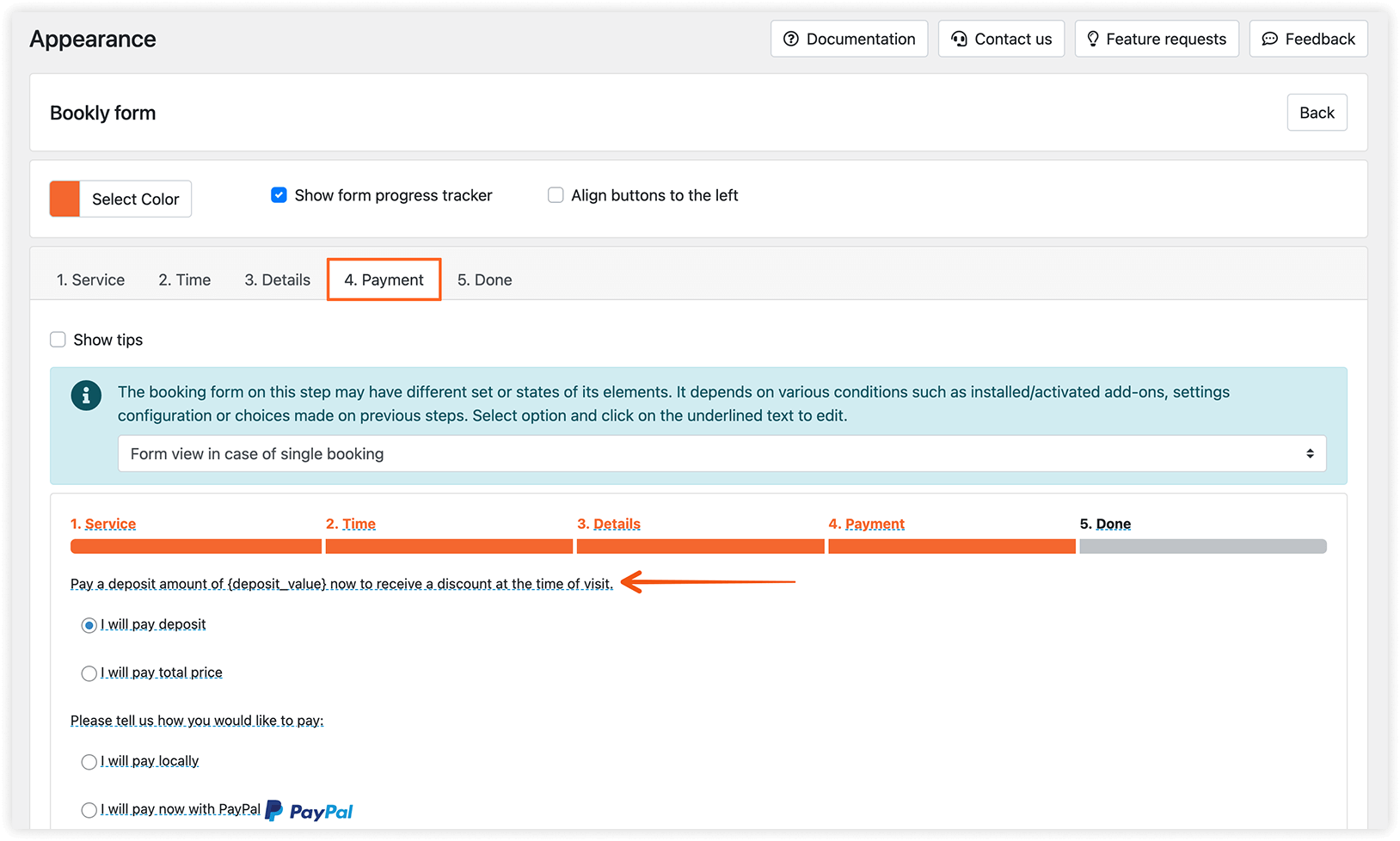 Appearance section in Bookly – Step by step form