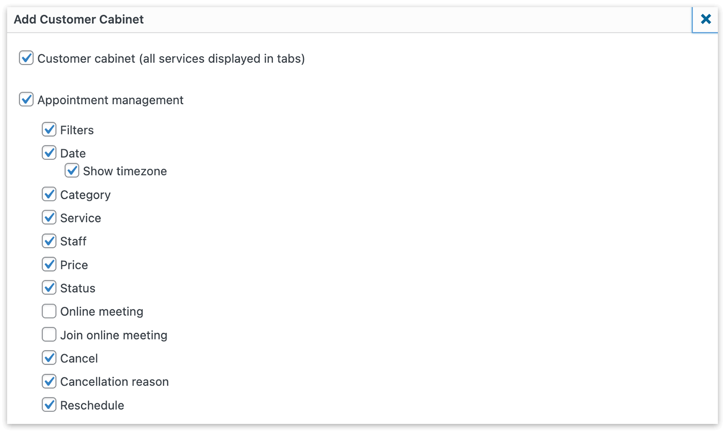 Add Customer Cabinet – options