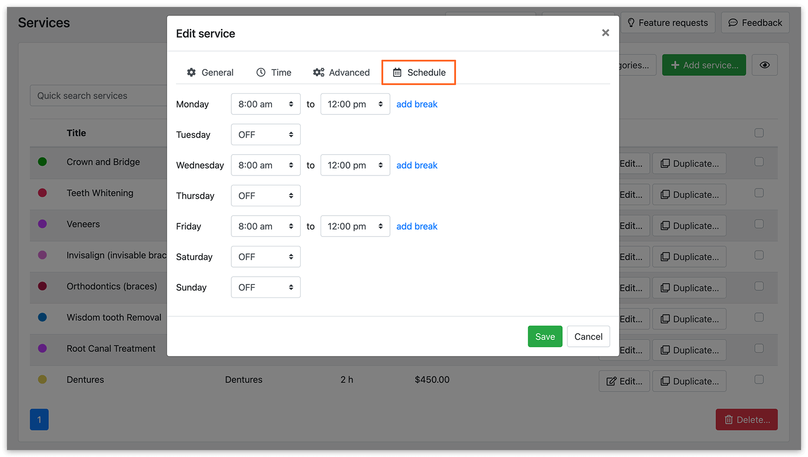Services section in Bookly – Service Schedule tab