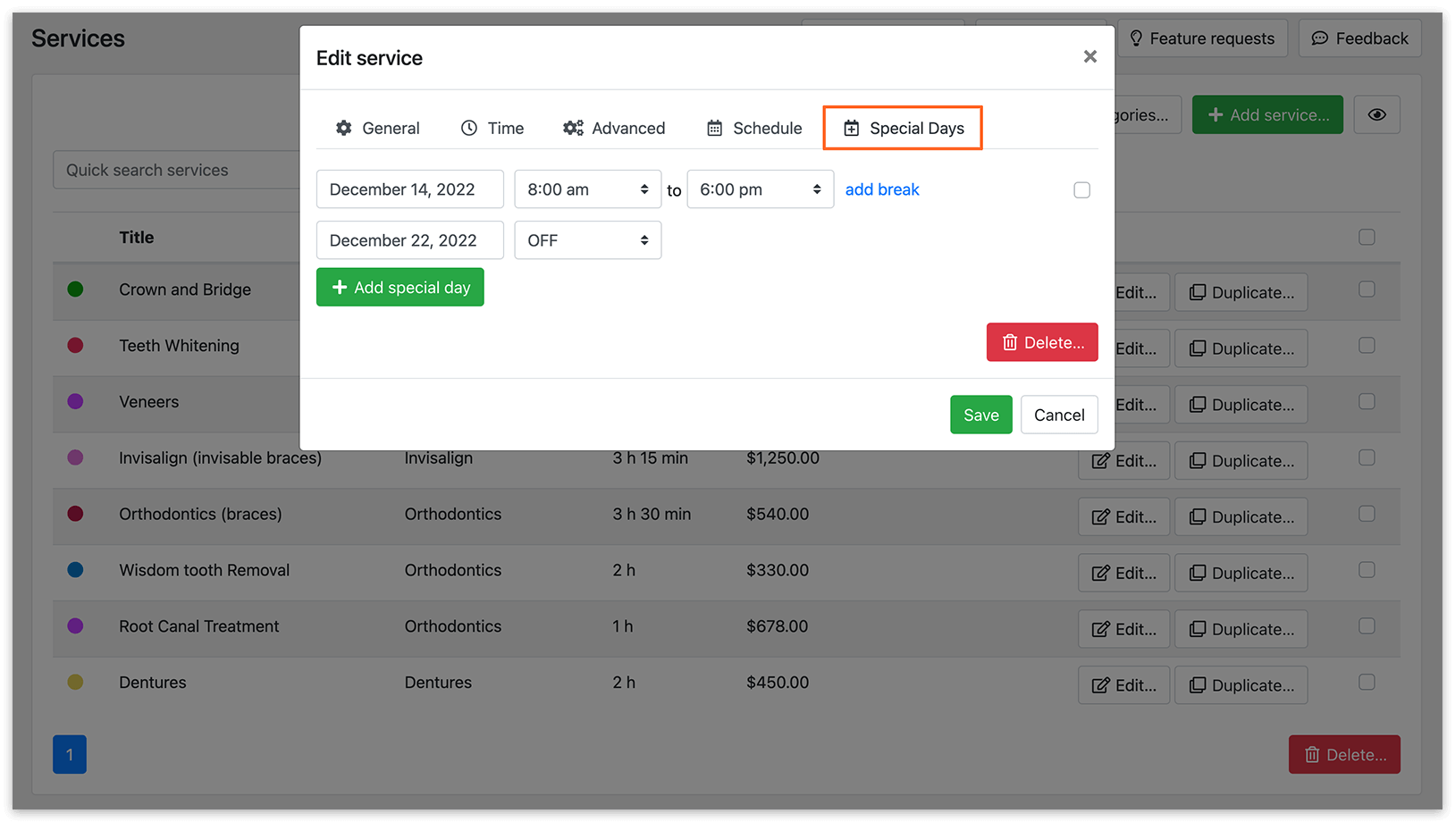 Services section in Bookly – Special Days